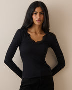 Black Scalloped Lace Trim Modal-Rich Top