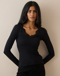 Black Scalloped Lace Trim Modal-Rich Top