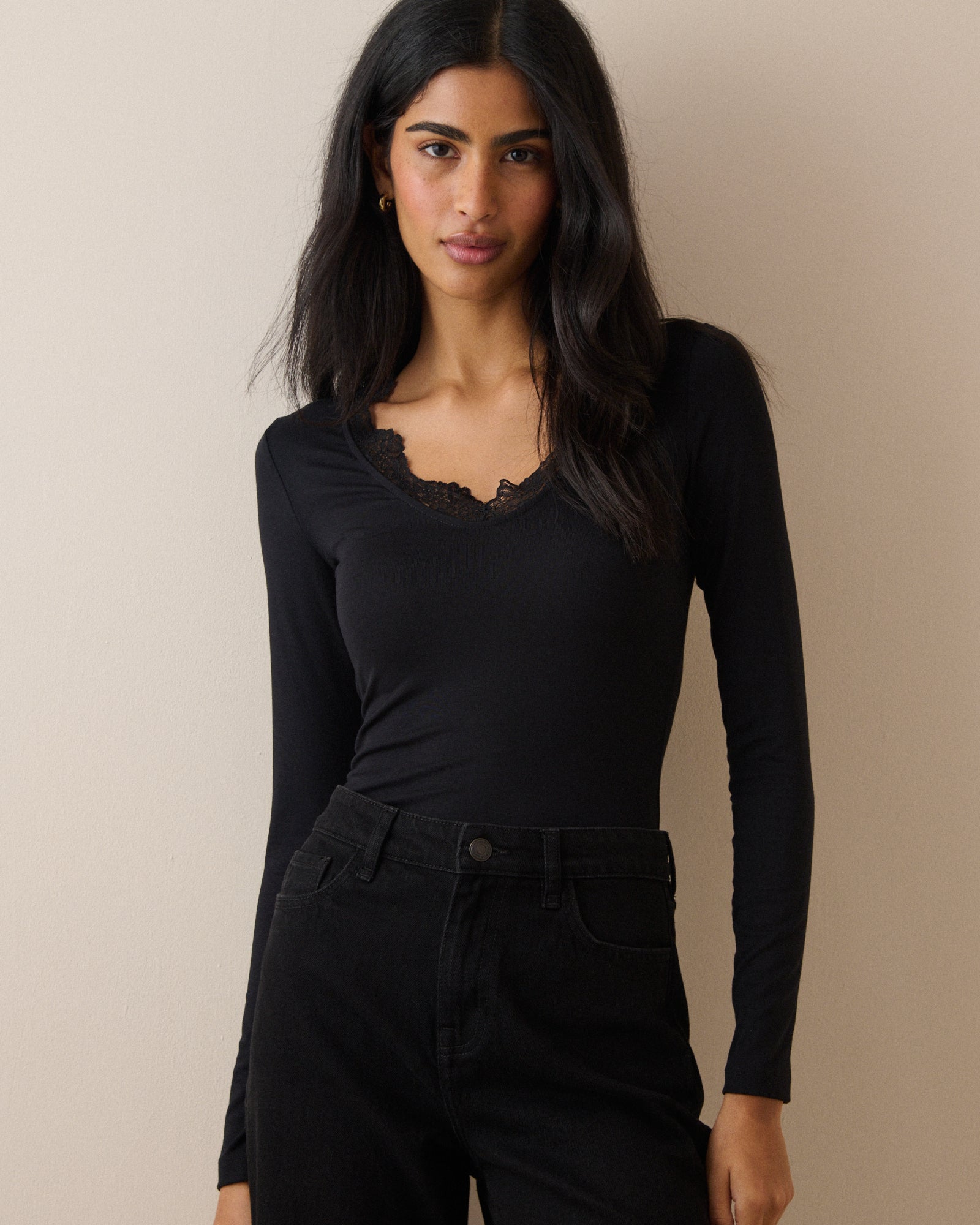Black Scalloped Lace Trim Modal-Rich Top