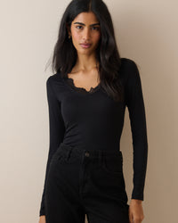 Black Scalloped Lace Trim Modal-Rich Top