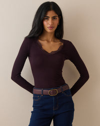 Burgundy Scalloped Lace Trim Modal-Rich Top
