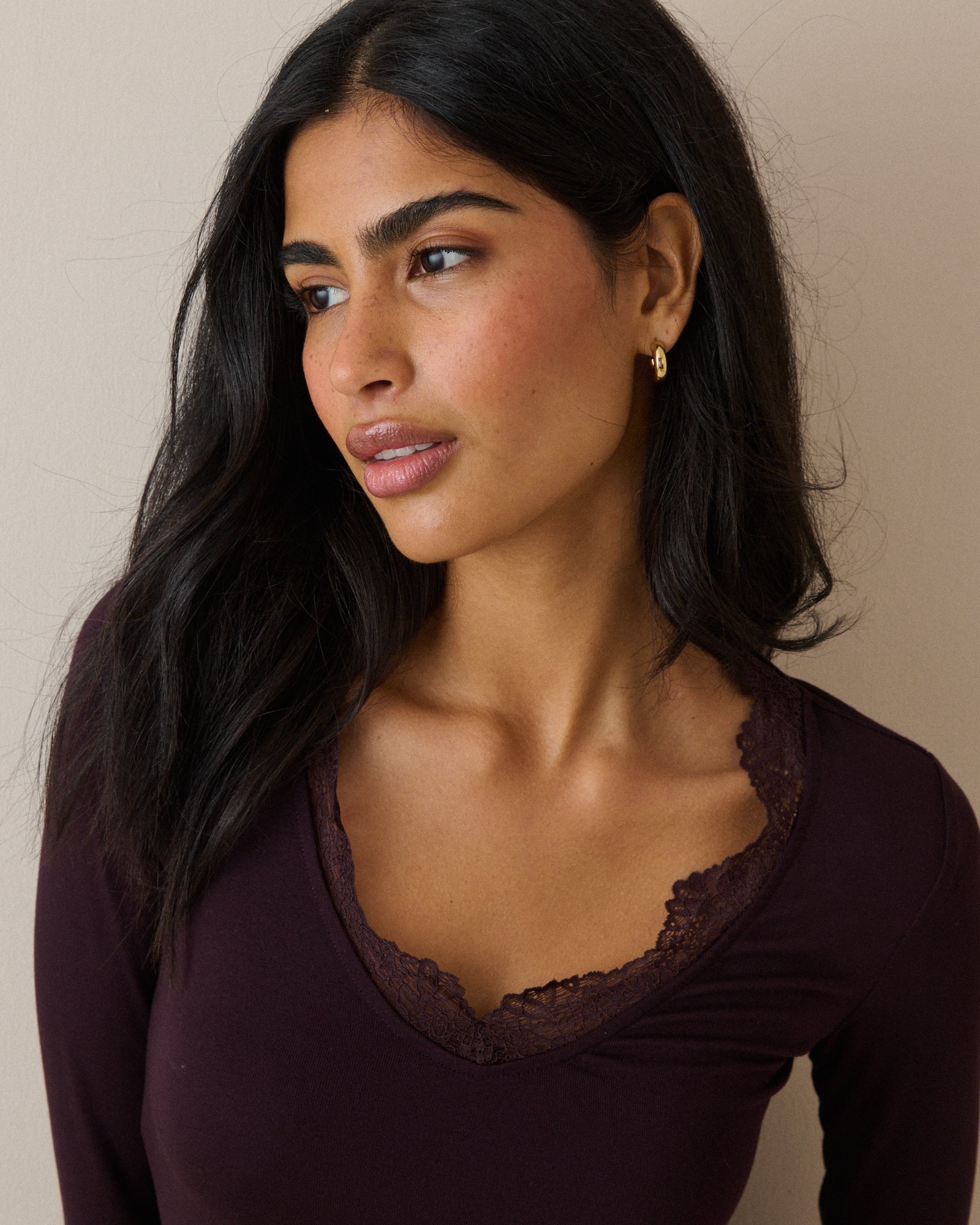 Burgundy Scalloped Lace Trim Modal-Rich Top