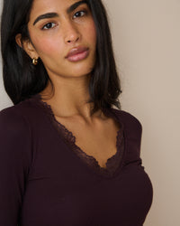 Burgundy Scalloped Lace Trim Modal-Rich Top