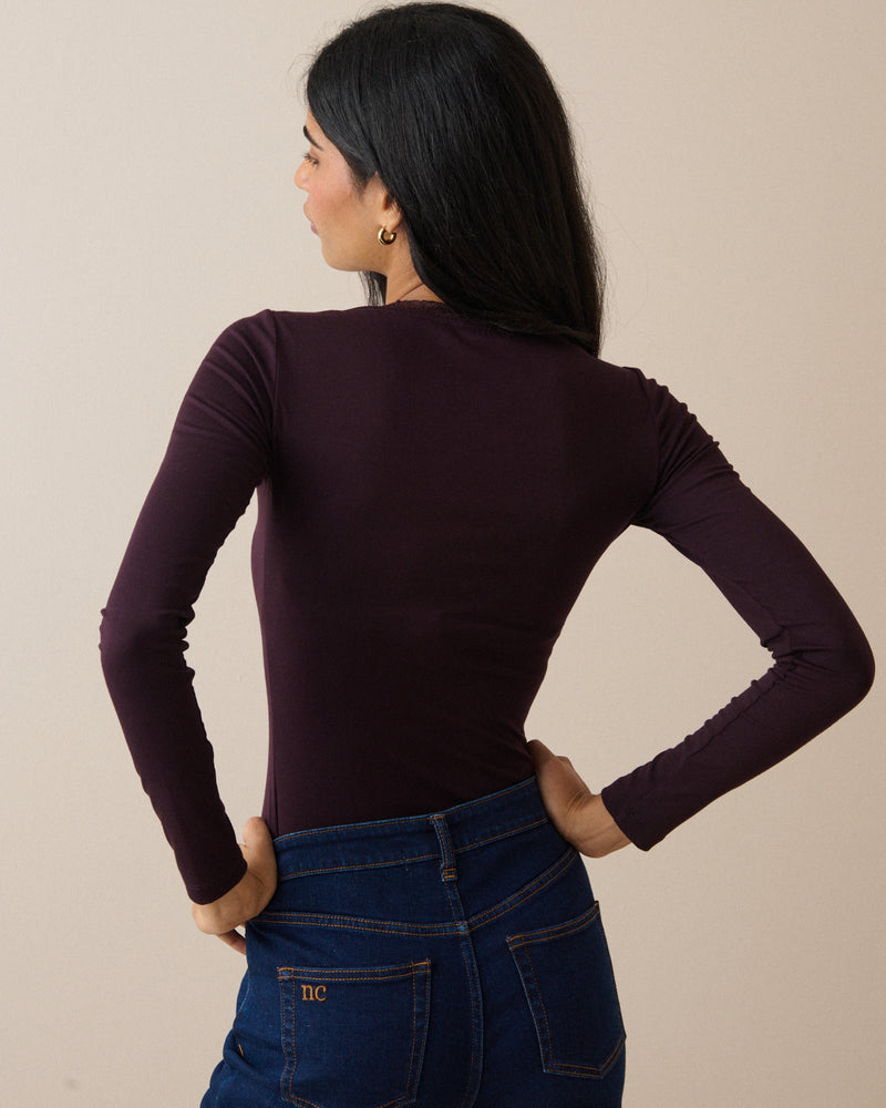Burgundy Scalloped Lace Trim Modal-Rich Top