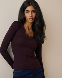 Burgundy Scalloped Lace Trim Modal-Rich Top