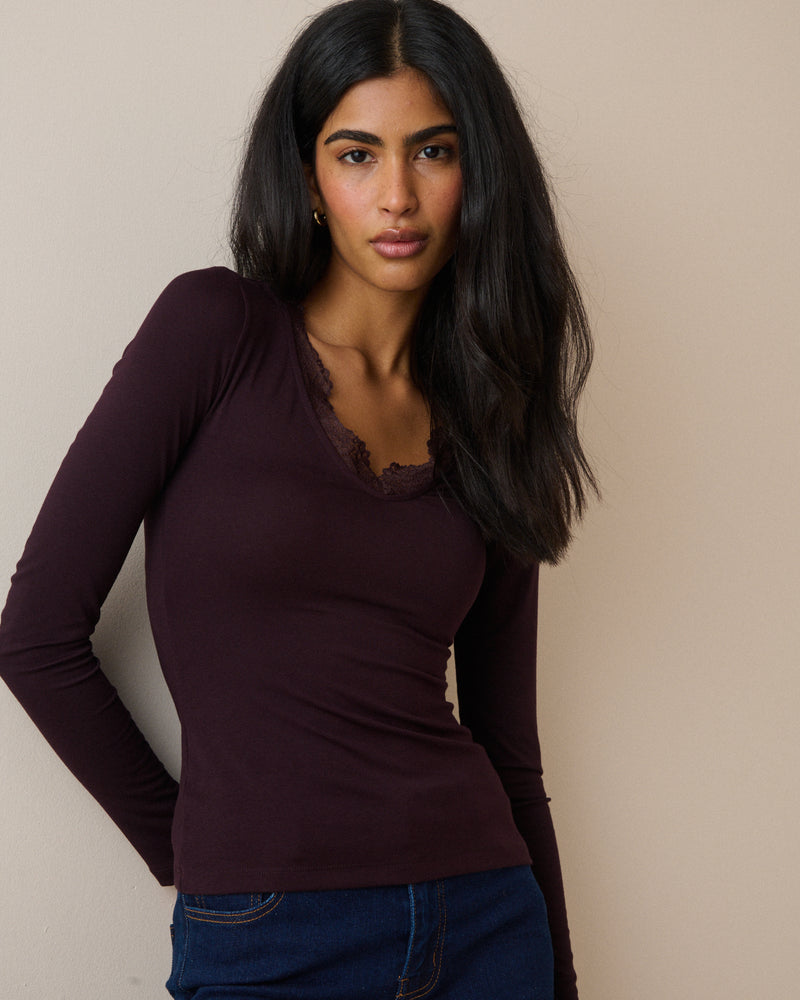 Burgundy Scalloped Lace Trim Modal-Rich Top