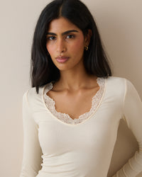 Cream Scalloped Lace Trim Modal-Rich Top