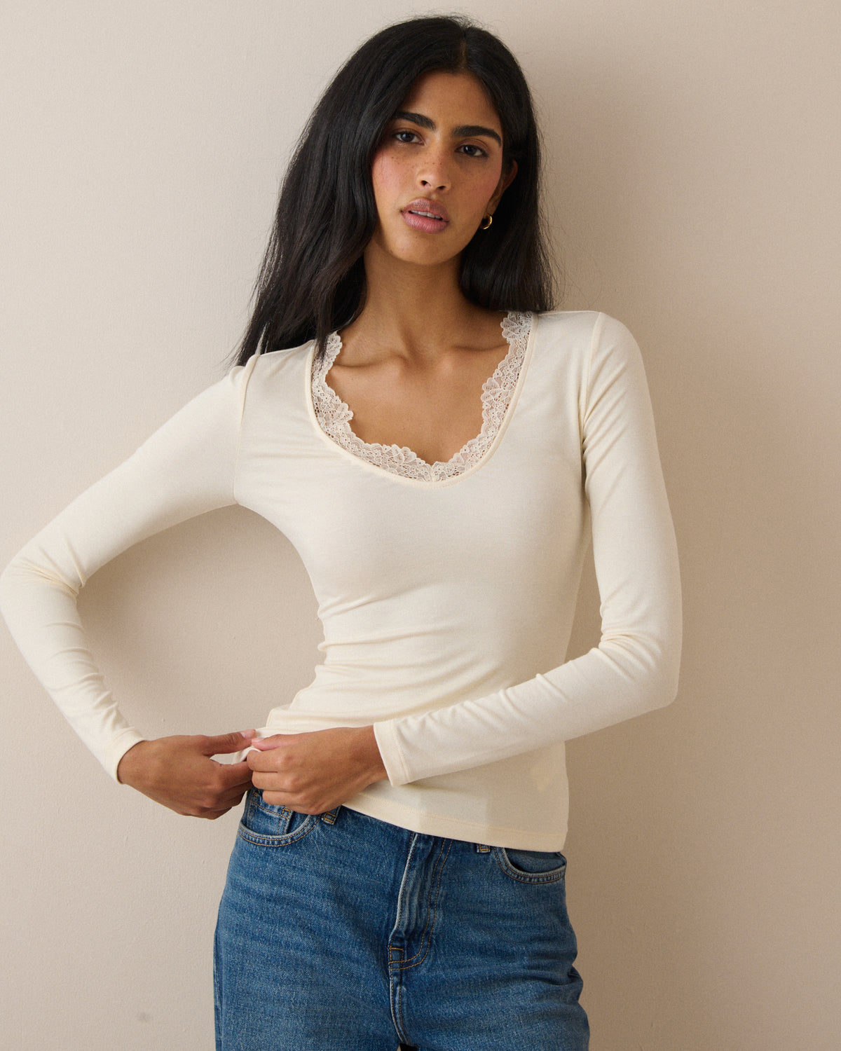 Cream Scalloped Lace Trim Modal-Rich Top