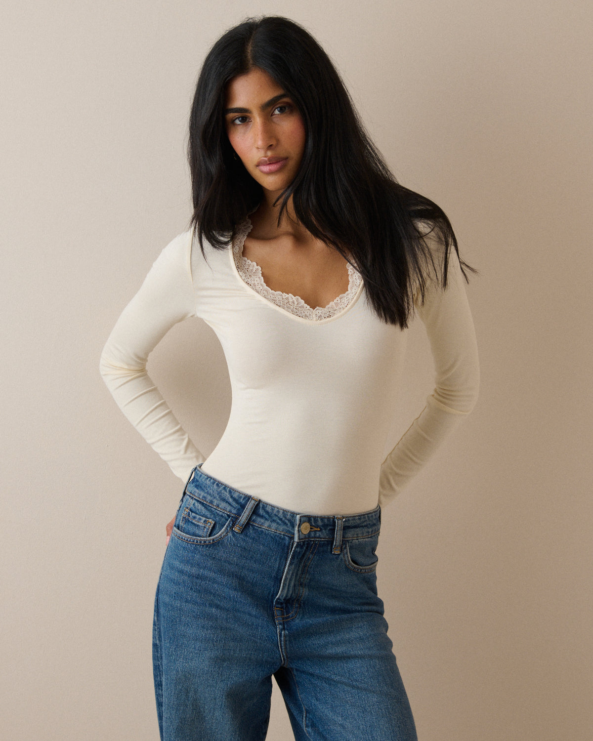 Cream Scalloped Lace Trim Modal-Rich Top