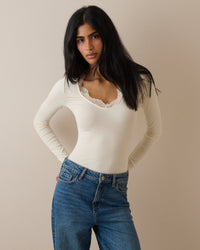Cream Scalloped Lace Trim Modal-Rich Top