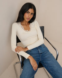 Cream Scalloped Lace Trim Modal-Rich Top