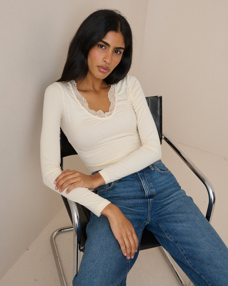 Cream Scalloped Lace Trim Modal-Rich Top