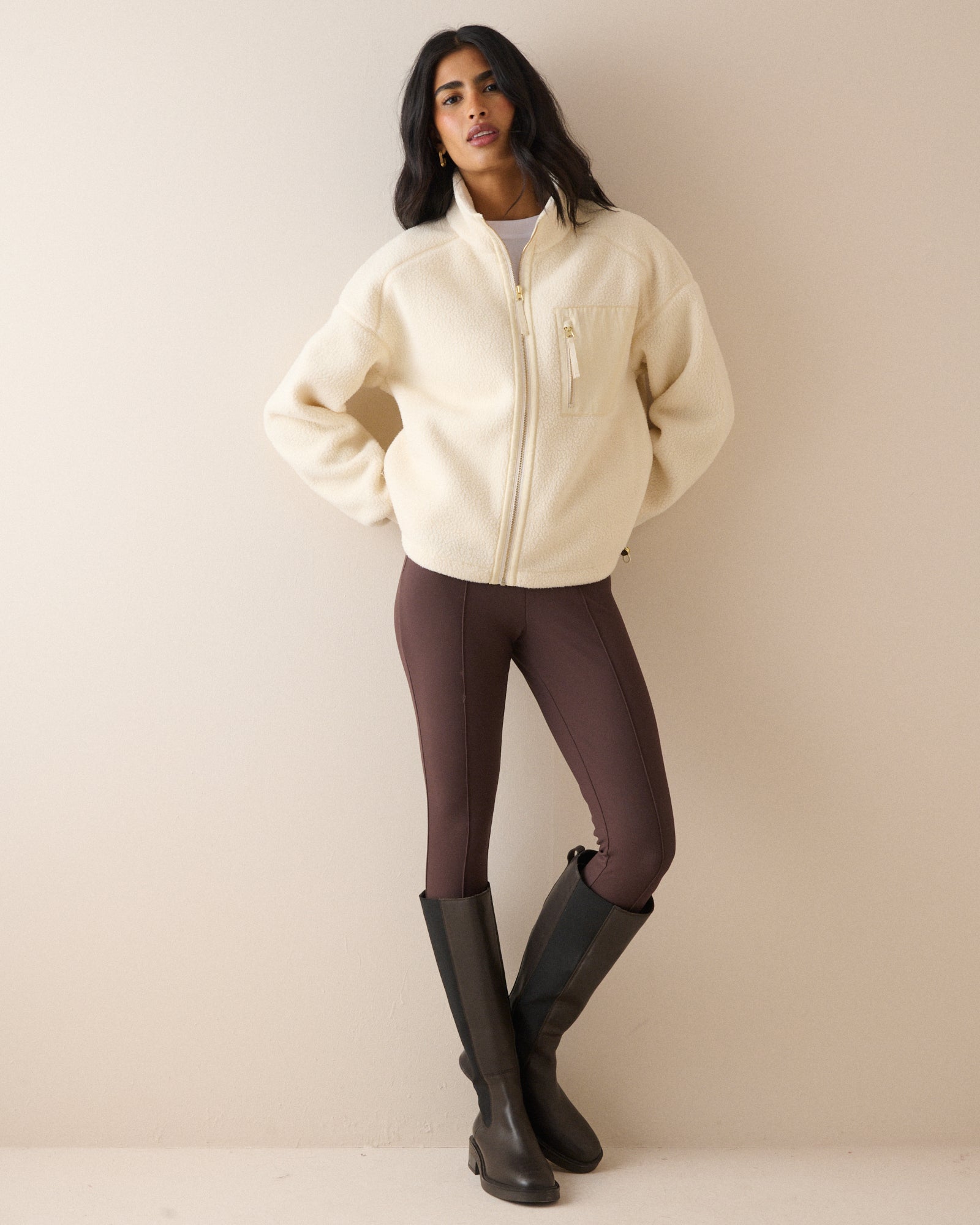Cream Borg Funnel Neck Jacket