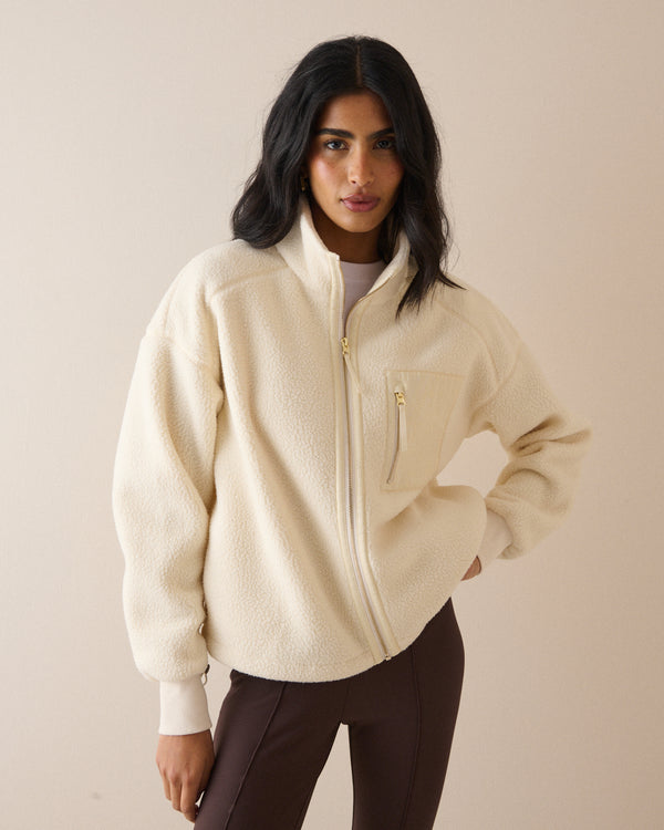 Cream Borg Funnel Neck Jacket
