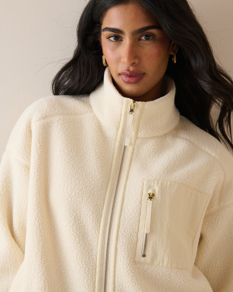 Cream Borg Funnel Neck Jacket