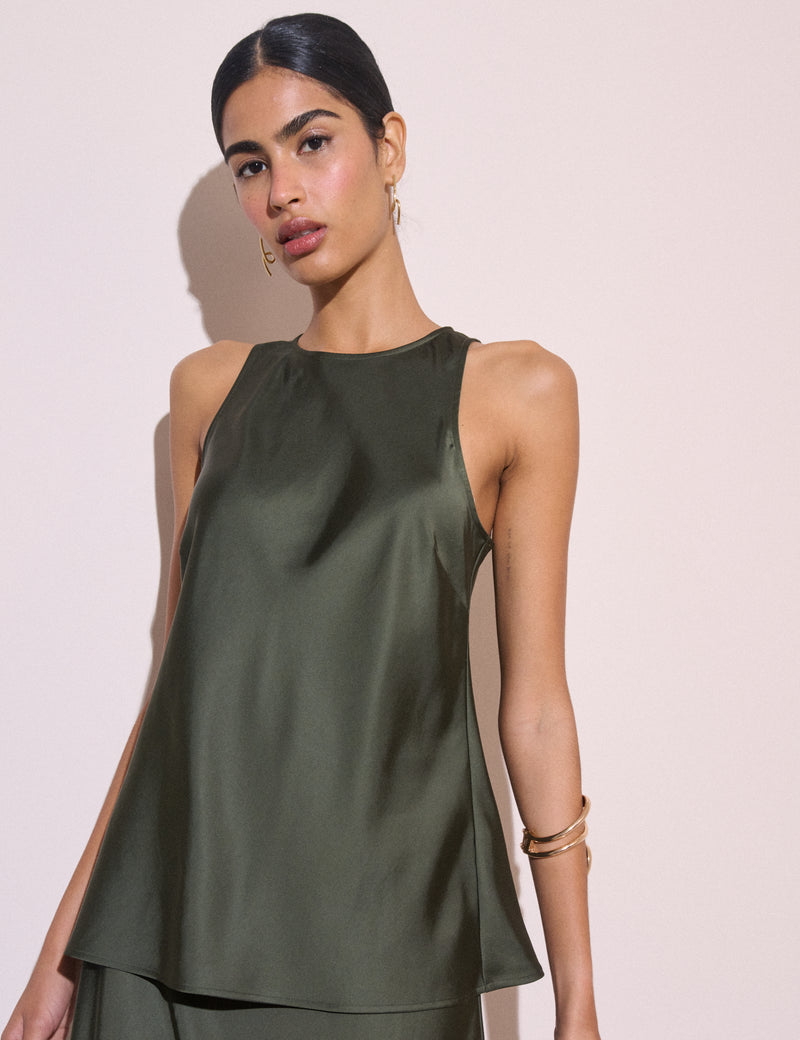 Forest Green Satin Sleeveless Top