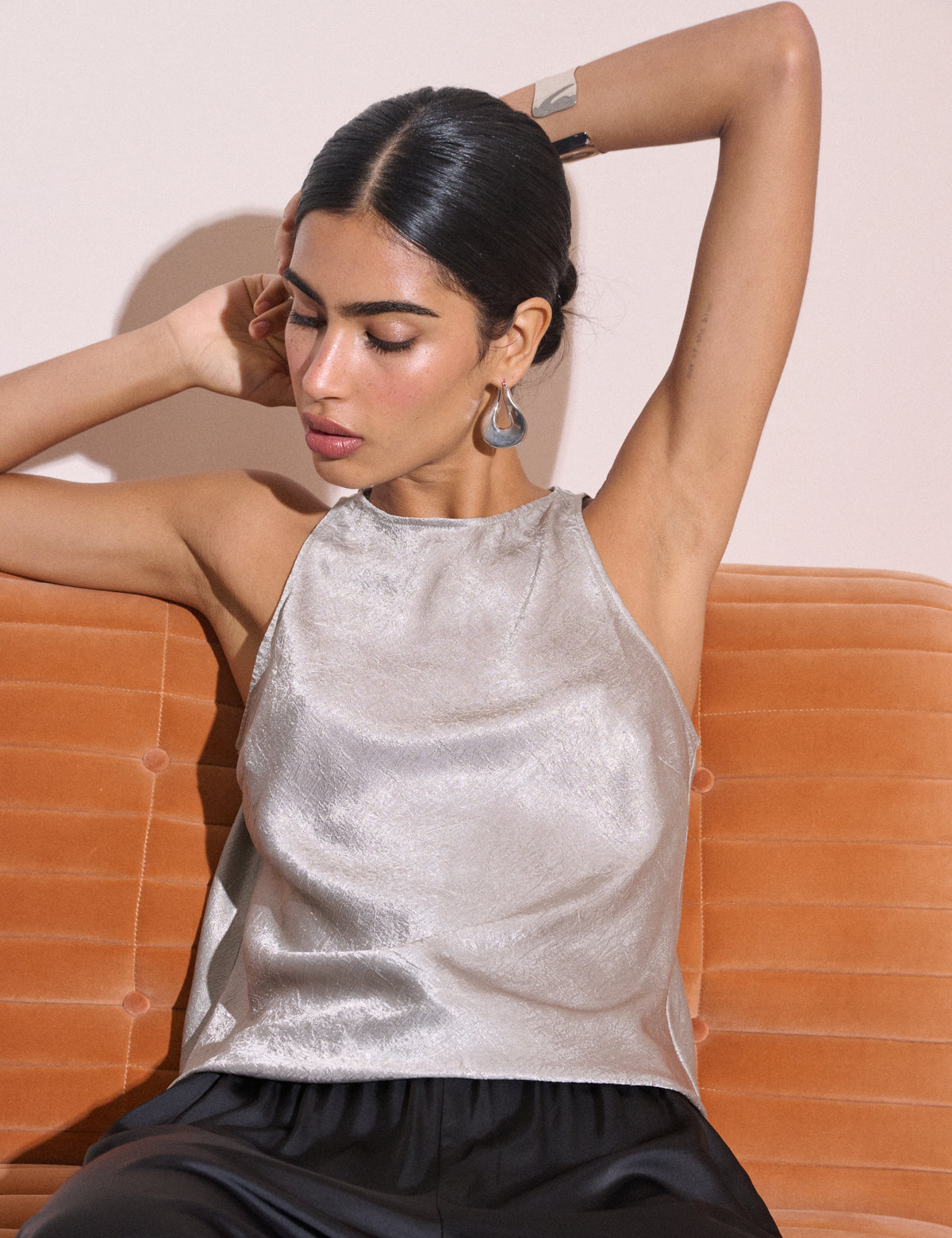 Silver Textured Satin Sleeveless Top