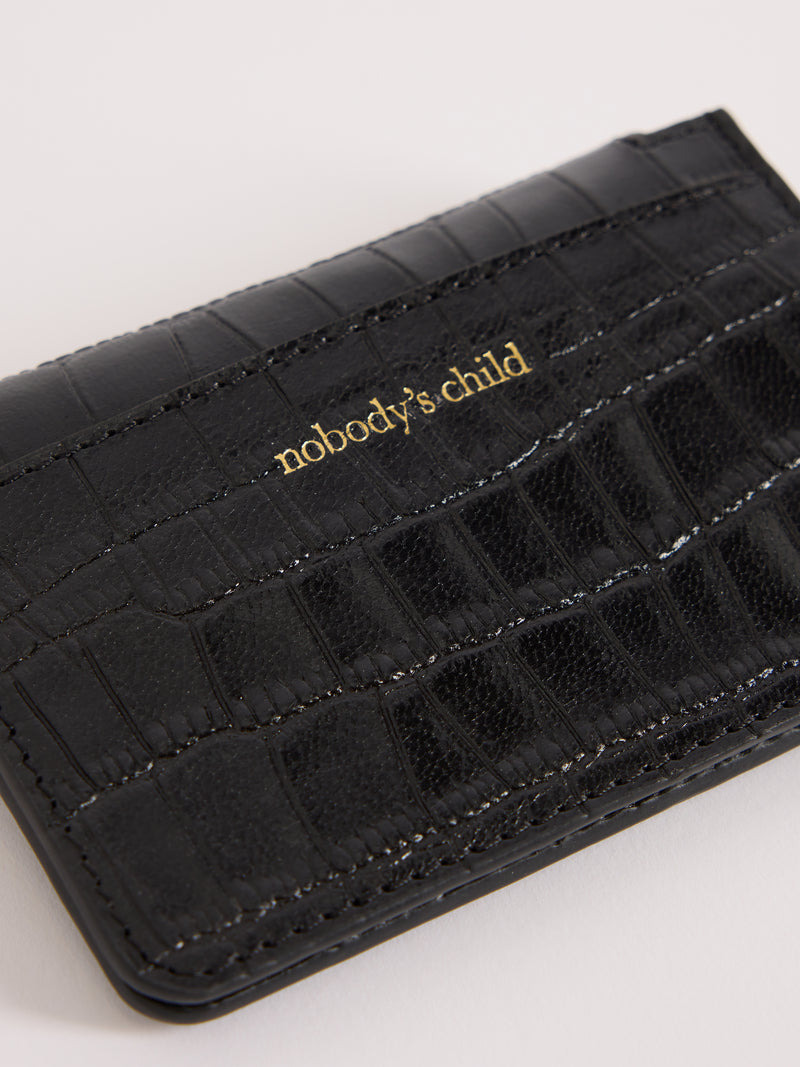 Black Croc-Embossed Leather Card Holder
