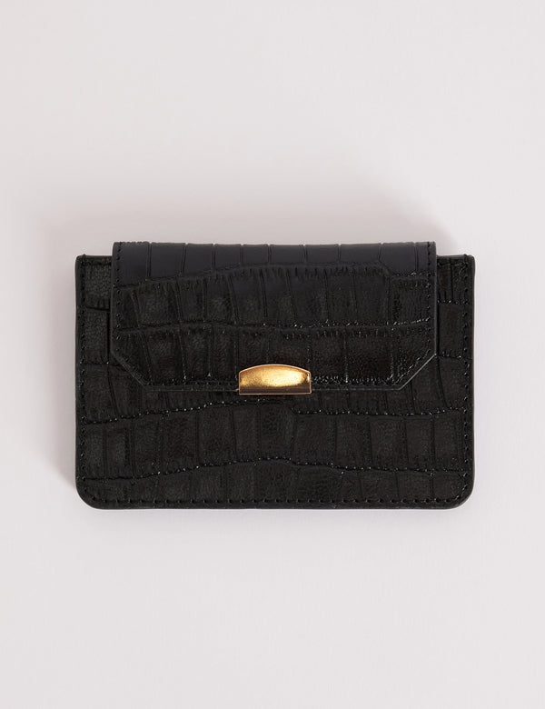 Black croc-embossed leather card holder