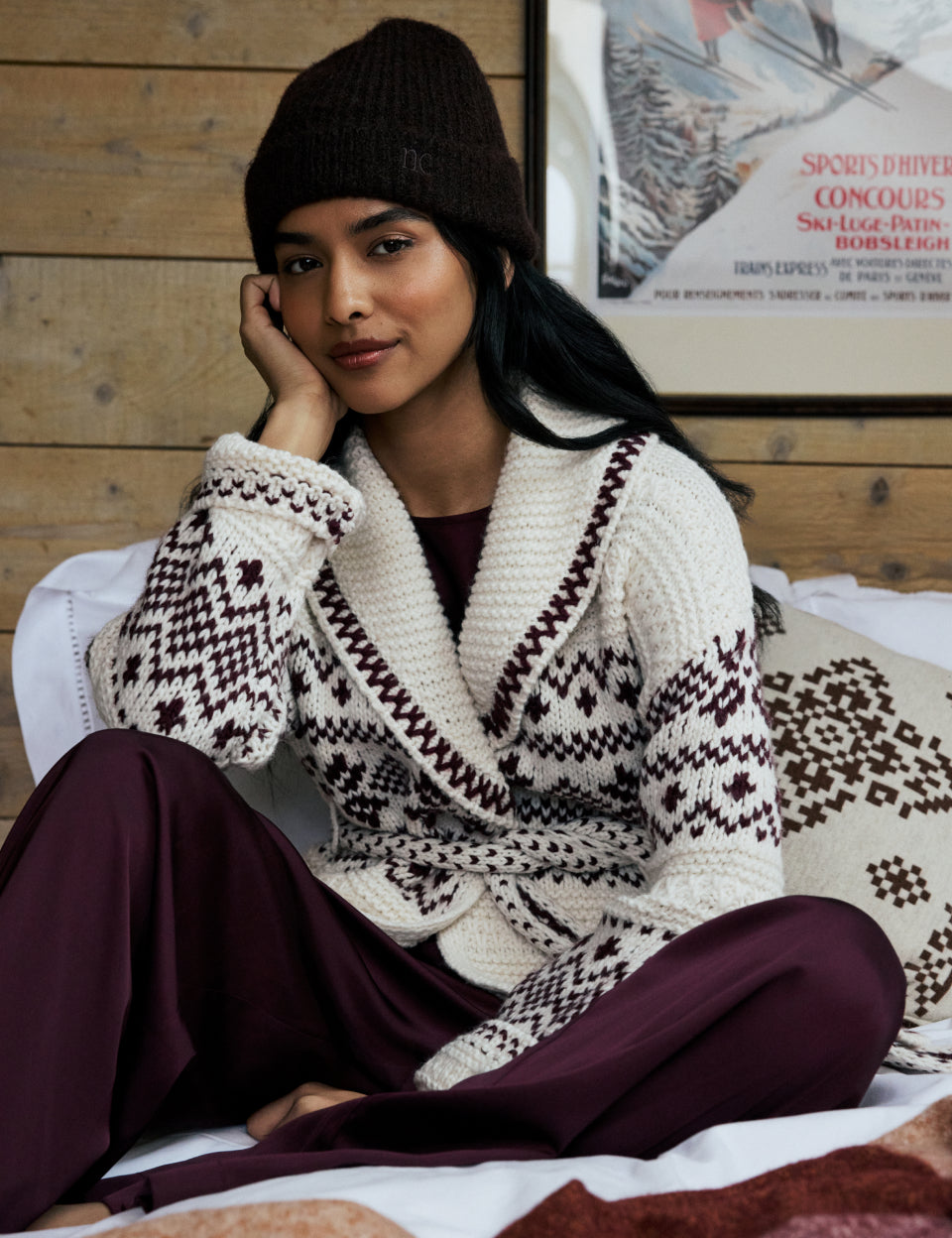 Burgundy Fair Isle Print Wrap Cardigan