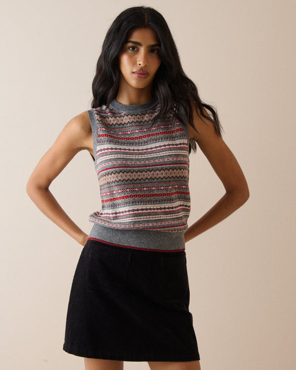 Grey Fair Isle Print Knitted Vest