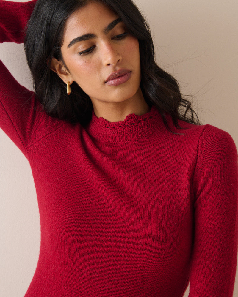 Red Crochet Trim Knitted Mini Dress