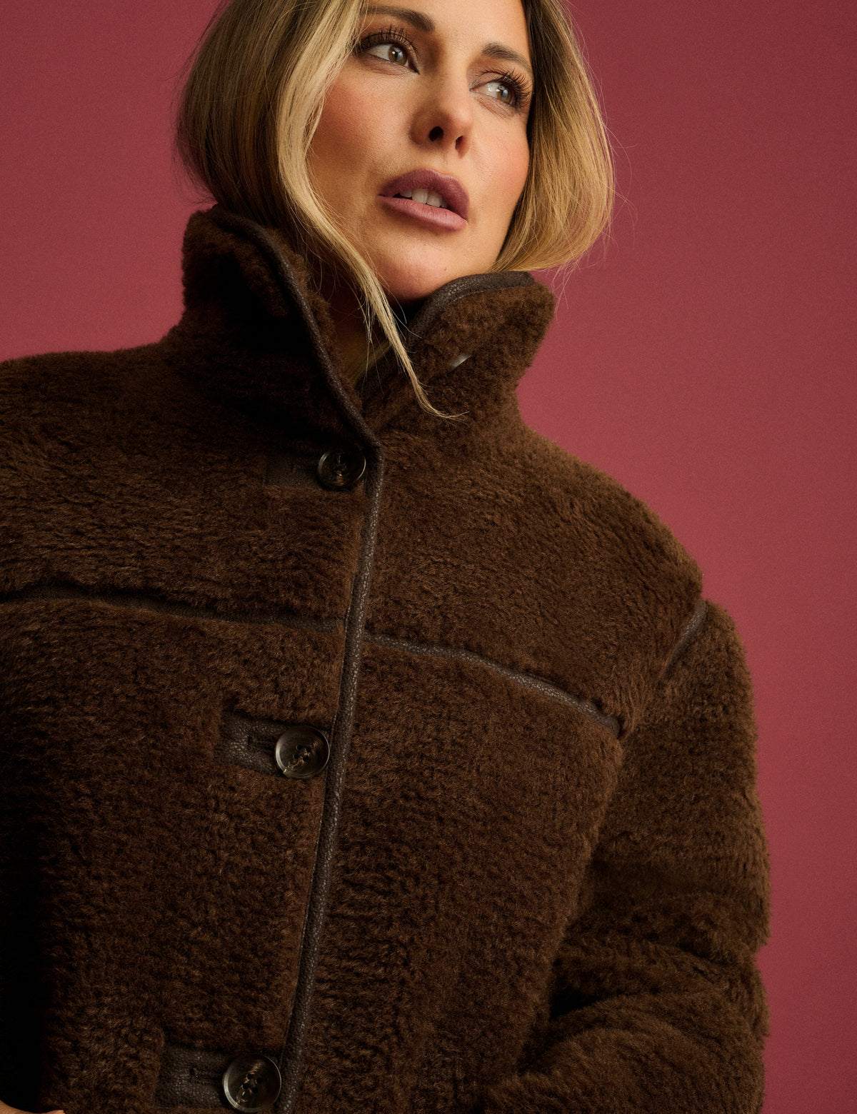 Brown Funnel Neck Faux Sherling Coat