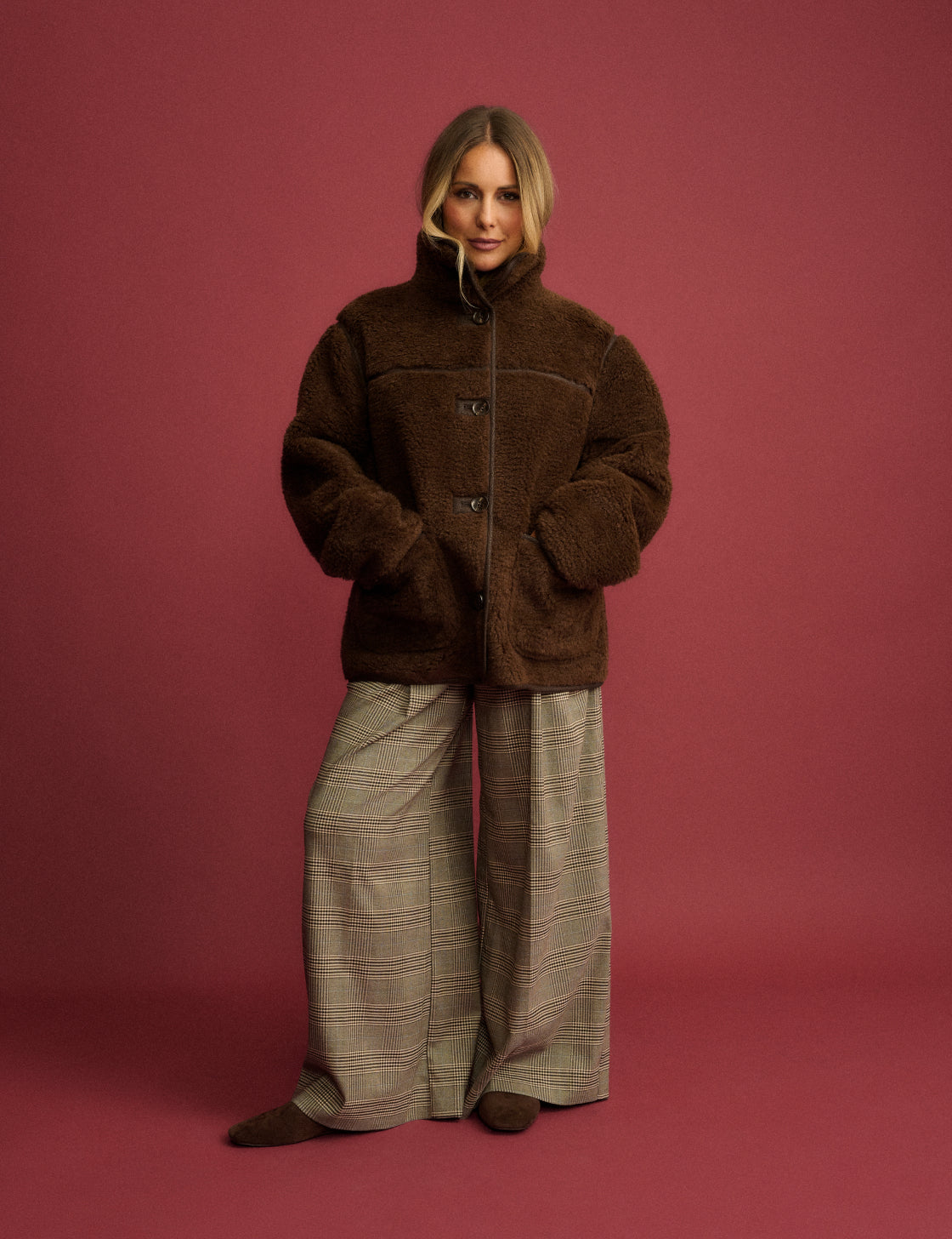 Brown Funnel Neck Faux Sherling Coat