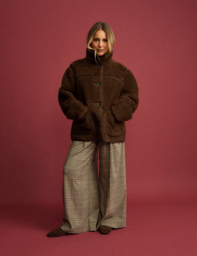 Brown Funnel Neck Faux Sherling Coat