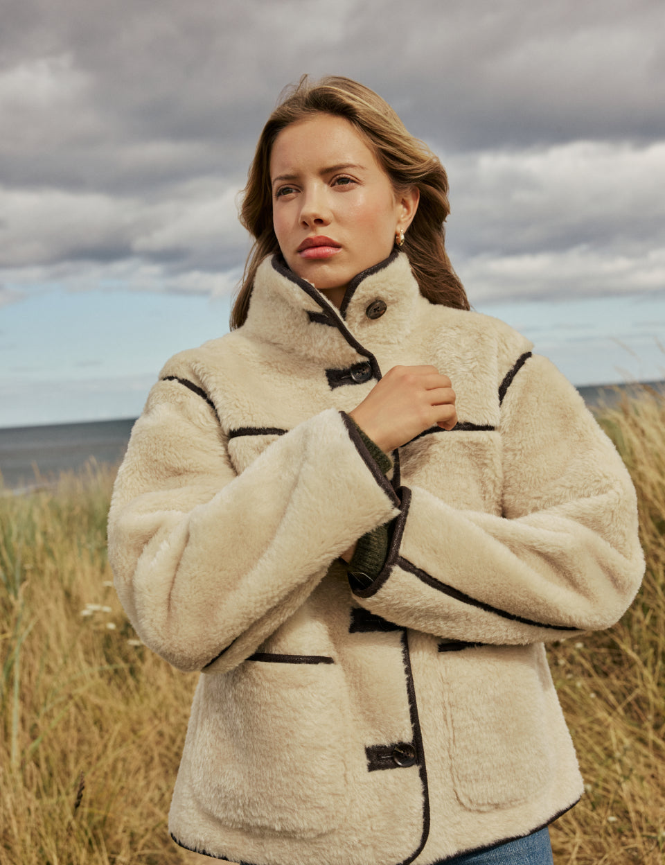 Cream Funnel Neck Shearling Fur Coat