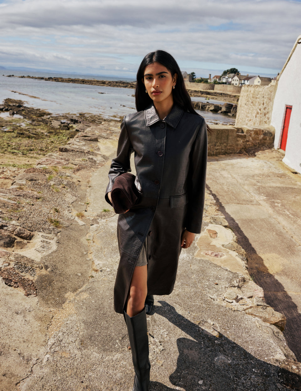 Dark Brown Croc-Embossed Leather Coat