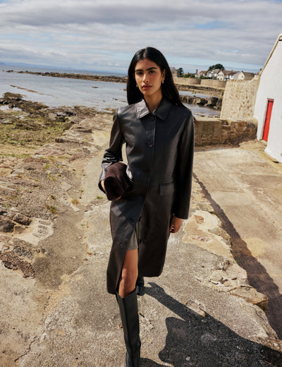 Dark Brown Croc-Embossed Leather Coat