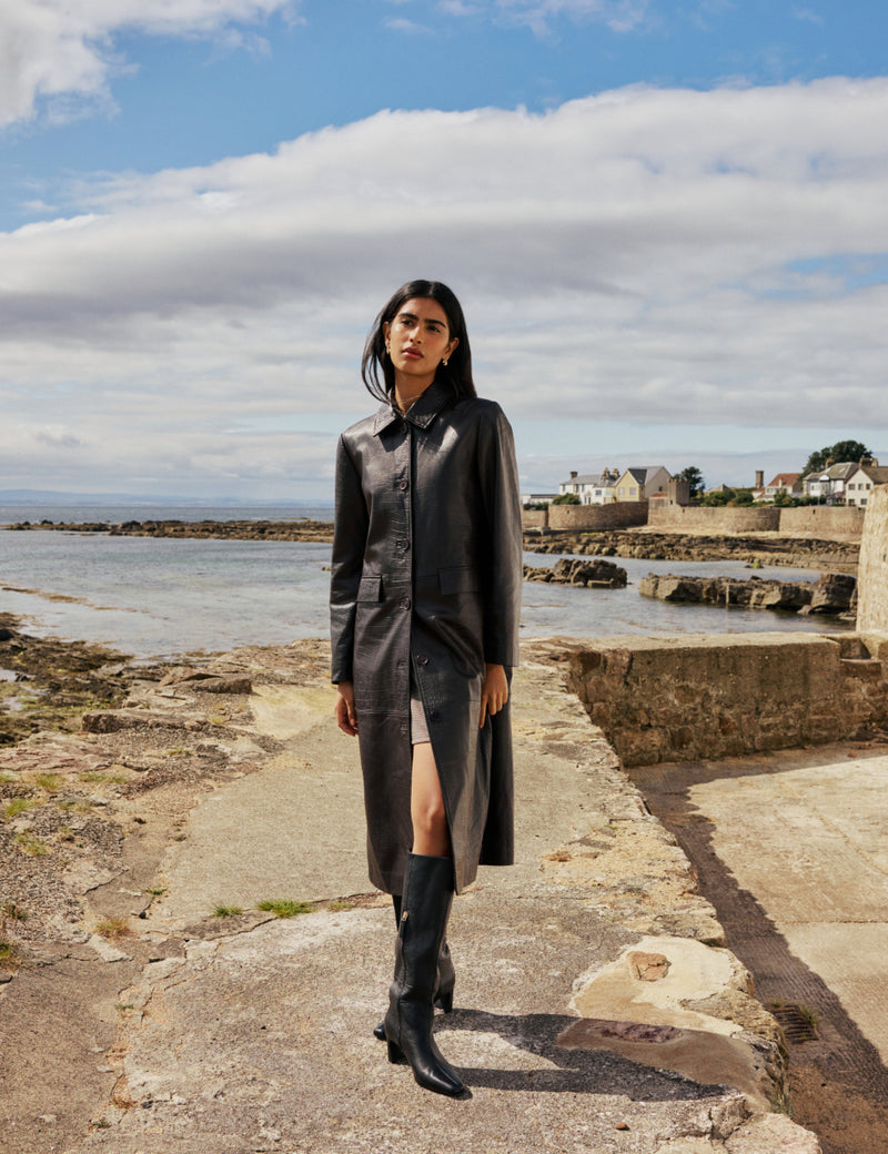 Dark Brown Croc-Embossed Leather Coat