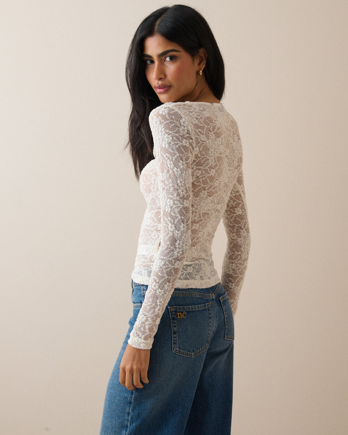 White Floral Lace Ruched Top