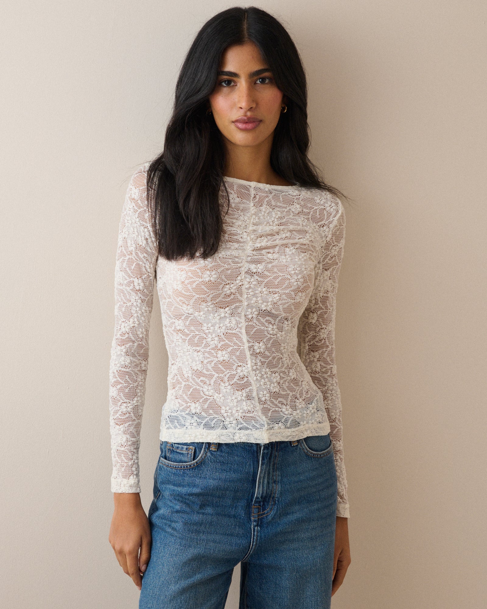 White Floral Lace Ruched Top
