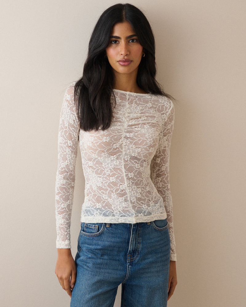 White Floral Lace Ruched Top