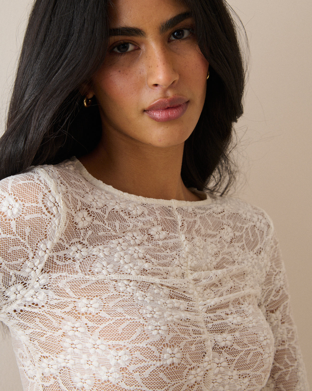White Floral Lace Ruched Top