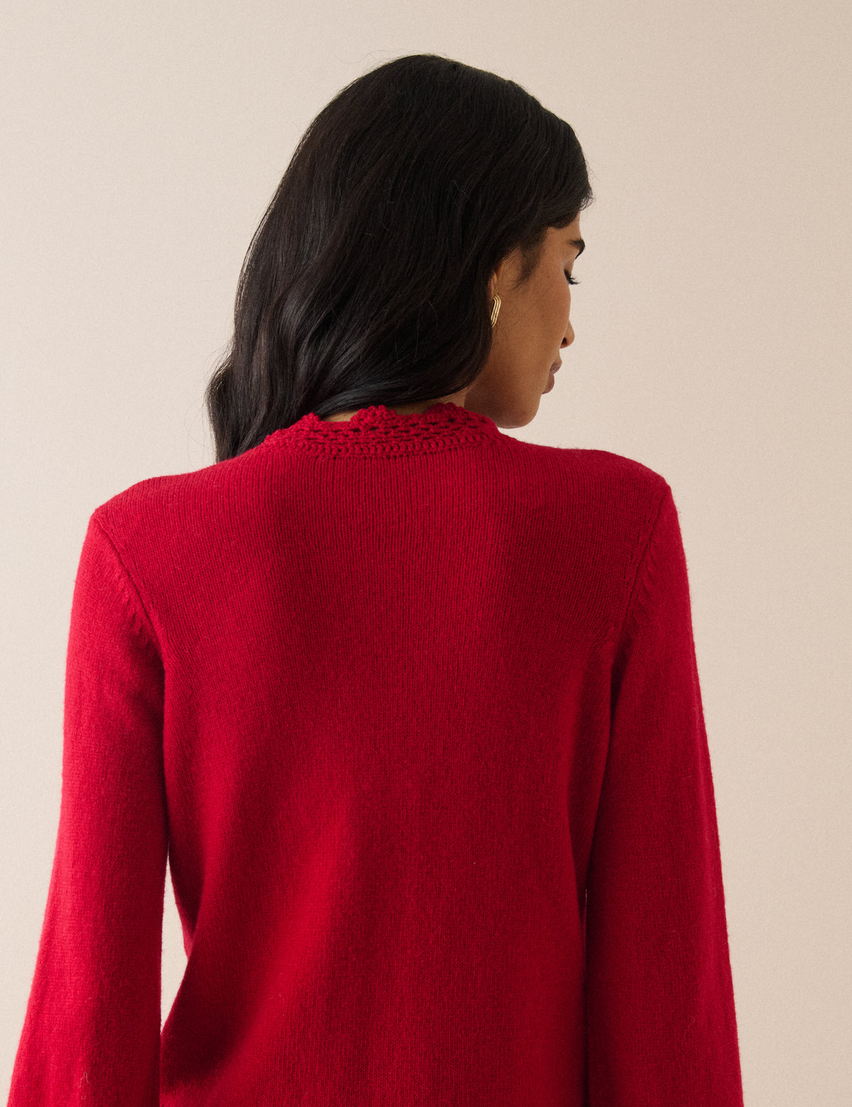 Red Wool-Blend Crochet Trim Crew Neck Cardigan