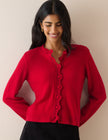 Red Wool-Blend Crochet Trim Crew Neck Cardigan