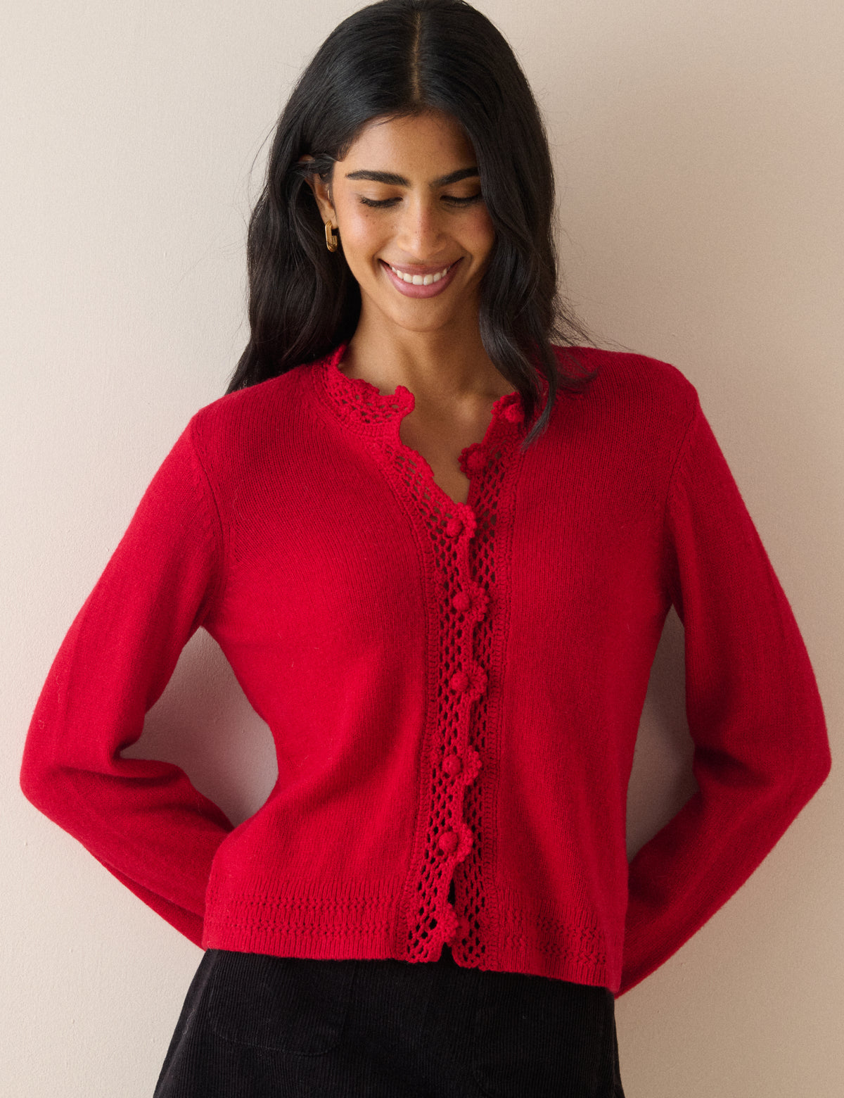 Red Wool-Blend Crochet Trim Crew Neck Cardigan