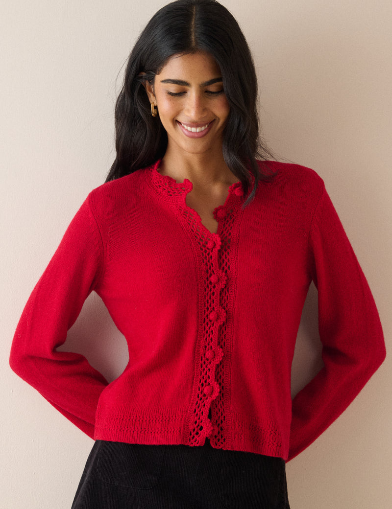 Red Wool-Blend Crochet Trim Crew Neck Cardigan