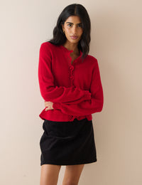 Red Wool-Blend Crochet Trim Crew Neck Cardigan