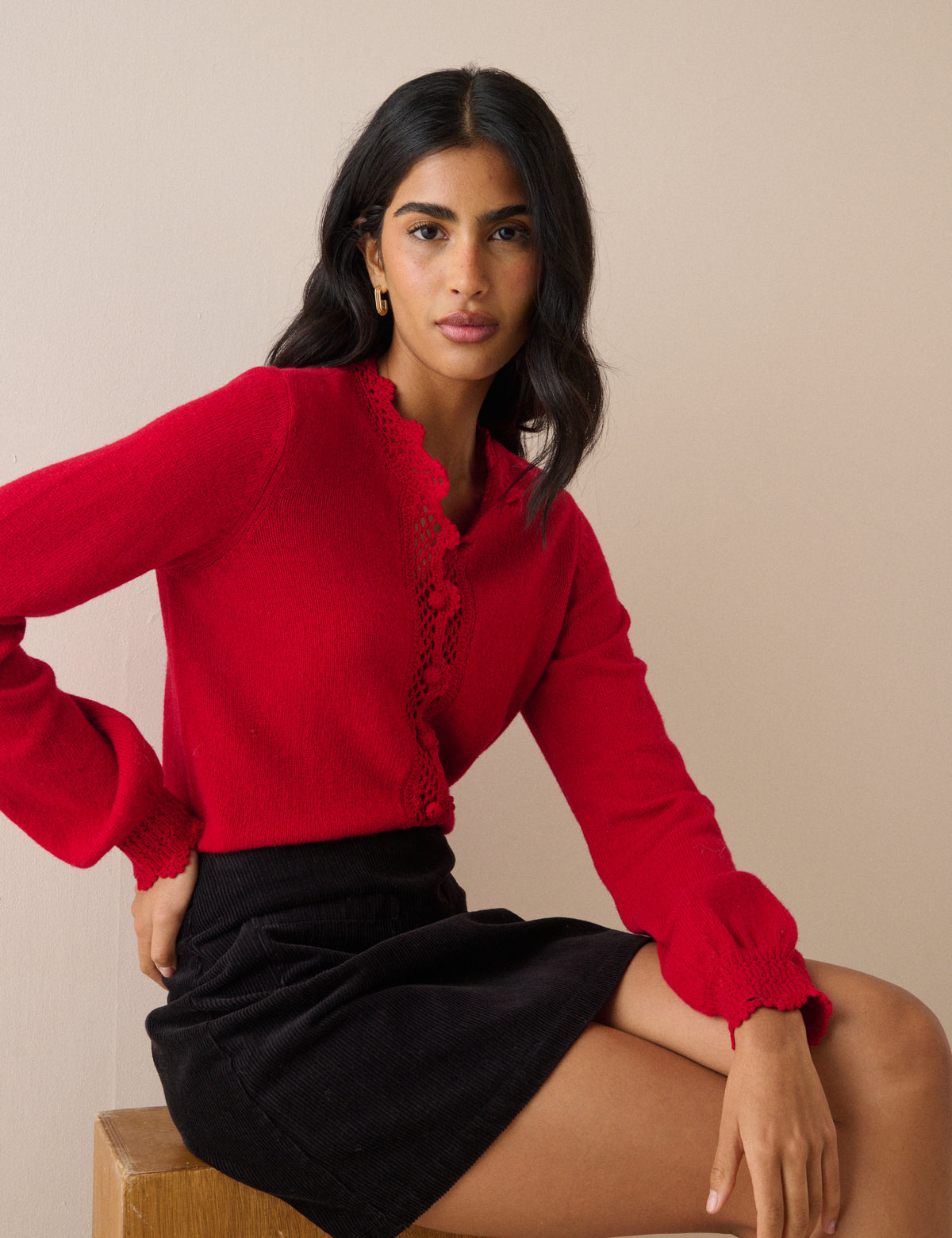 Red Wool-Blend Crochet Trim Crew Neck Cardigan
