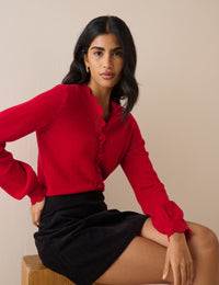 Red Wool-Blend Crochet Trim Crew Neck Cardigan