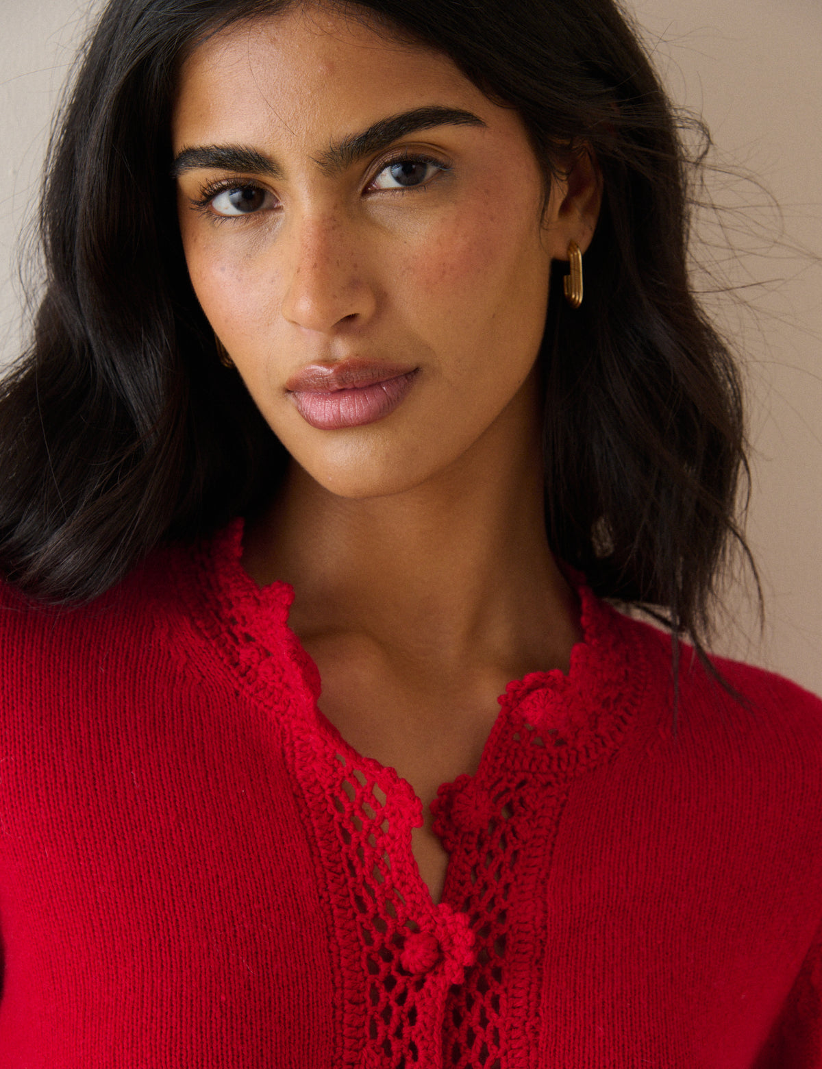 Red Wool-Blend Crochet Trim Crew Neck Cardigan