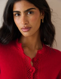 Red Wool-Blend Crochet Trim Crew Neck Cardigan