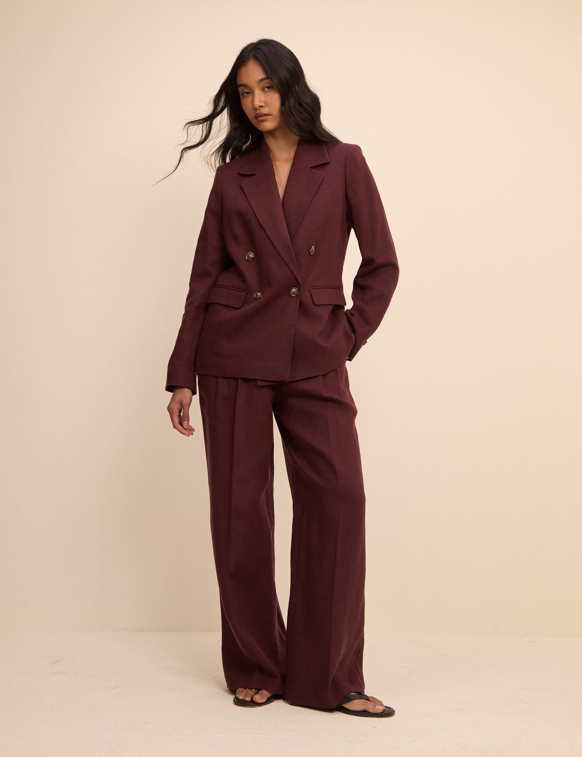 Burgundy Double Breasted Linen-Blend Alicia Blazer