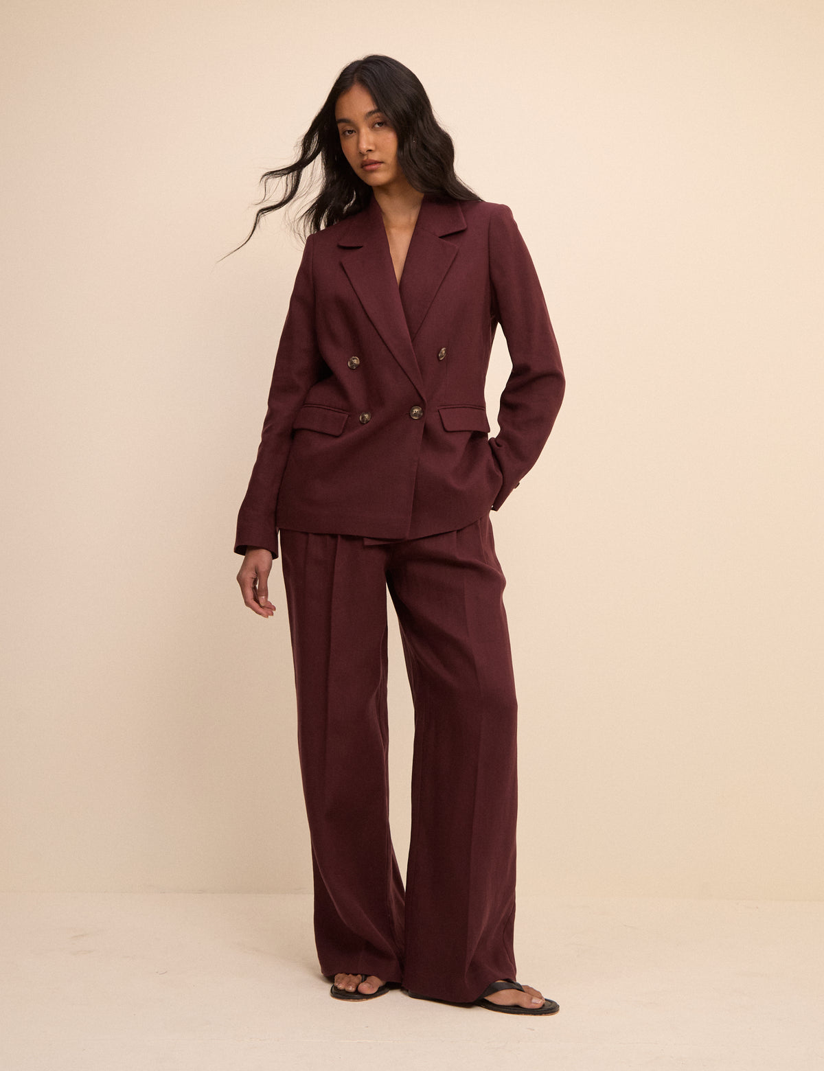 Burgundy Double Breasted Linen-Blend Alicia Blazer