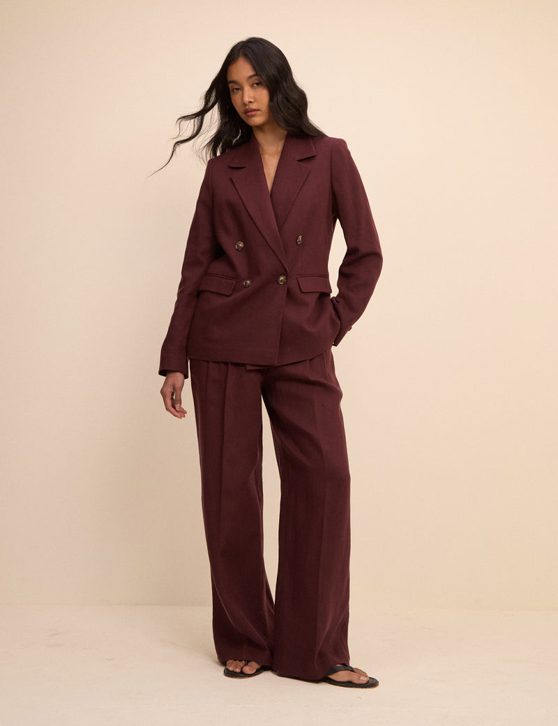 Burgundy Double Breasted Linen-Blend Alicia Blazer