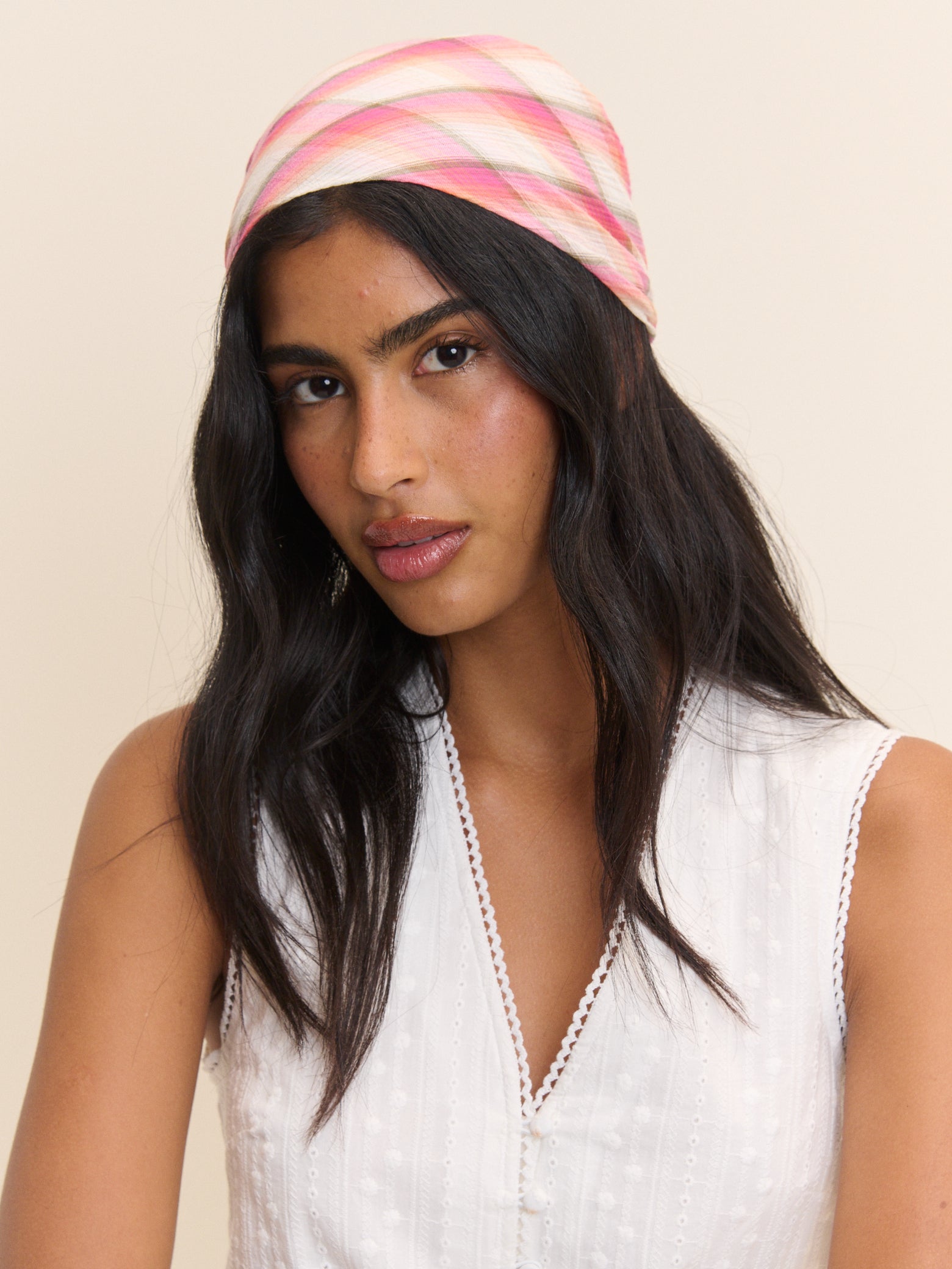 Pink and White Check Print Square Scarf